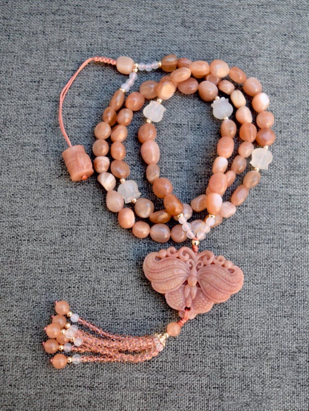 Orange Jade Butterfly Tassel Necklace - Moonstone Beaded